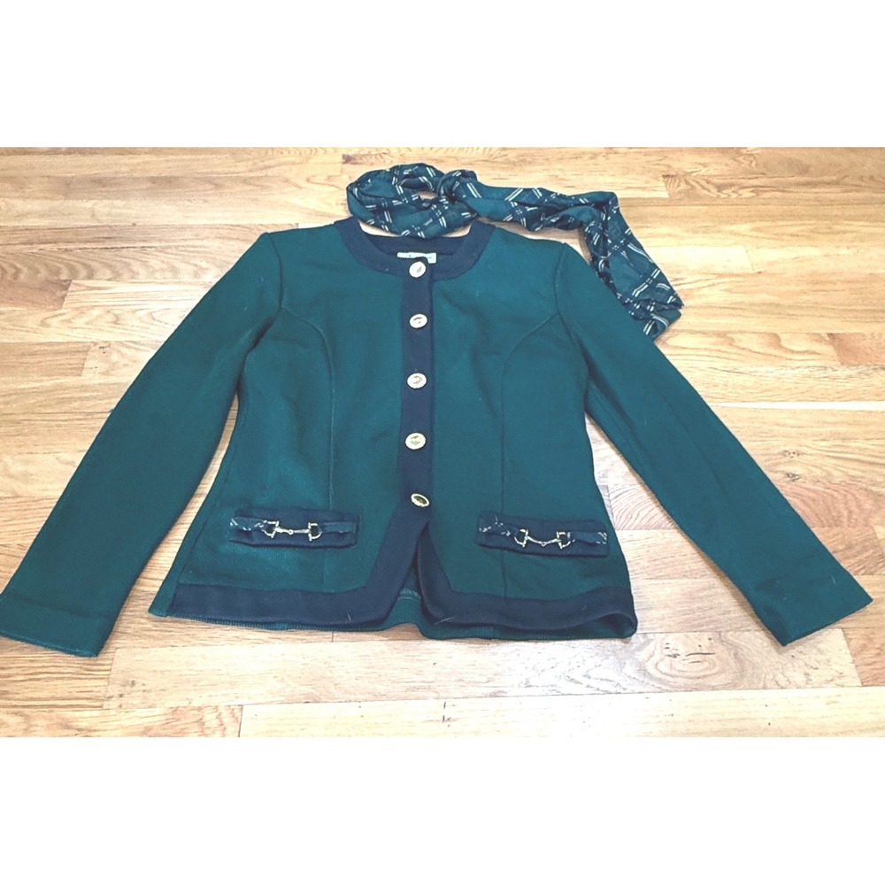 Jeffrey & Dara Forest Green Knit Sweater Jacket Gold Horsebit Buttons Scarf Sz 6